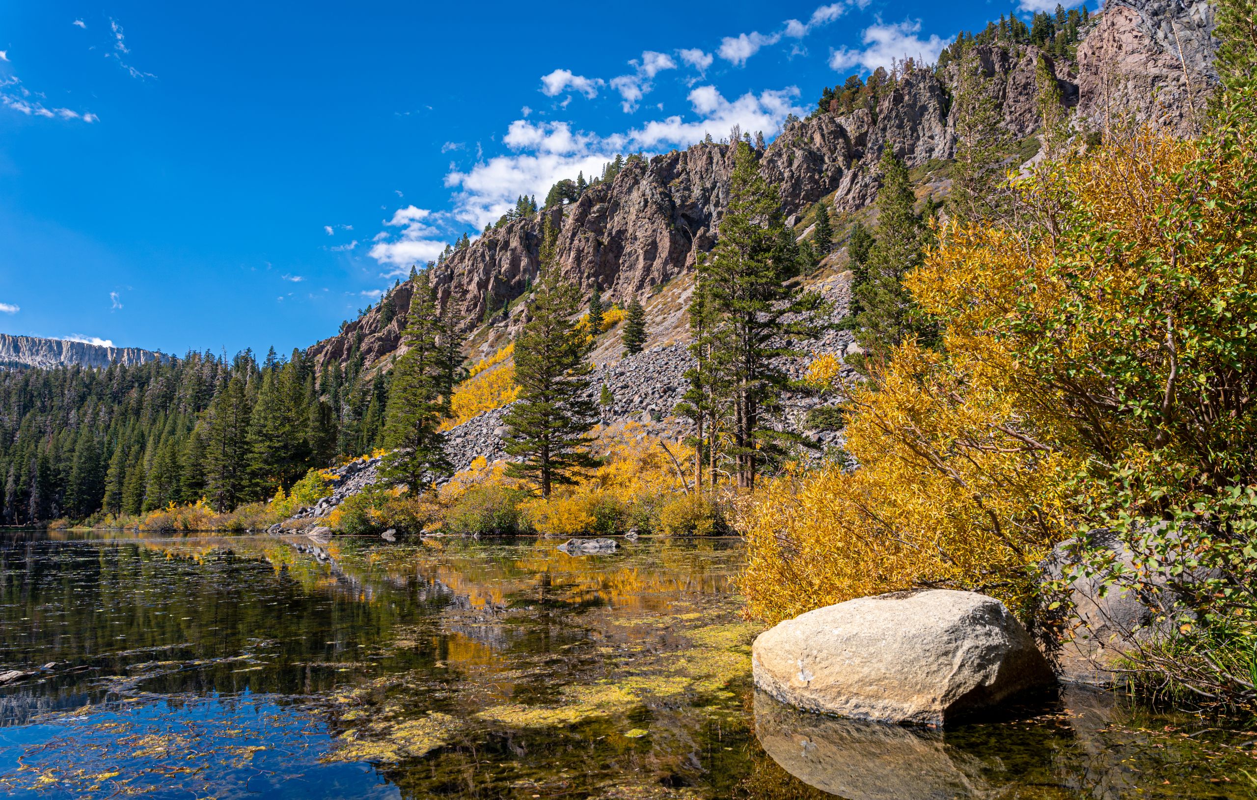 Explore the breathtaking fall colors and serene lake views in Mammoth Lakes, California.