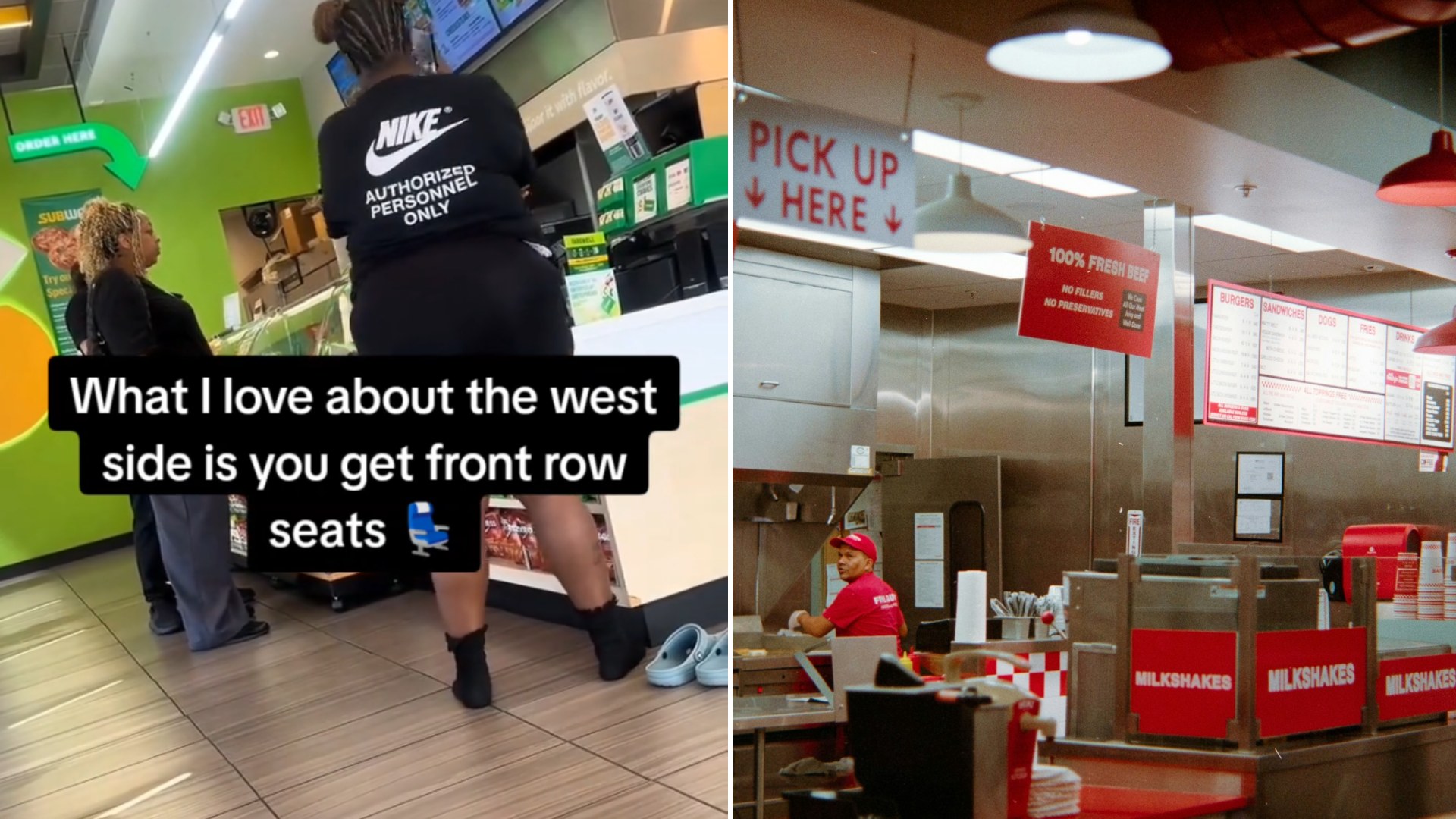 Split image: two people standing at a sandwich shop counter captioned what I love about the west side is you get front row seats, next to a fast-food restaurant counter with a pick up here sign and staff in red