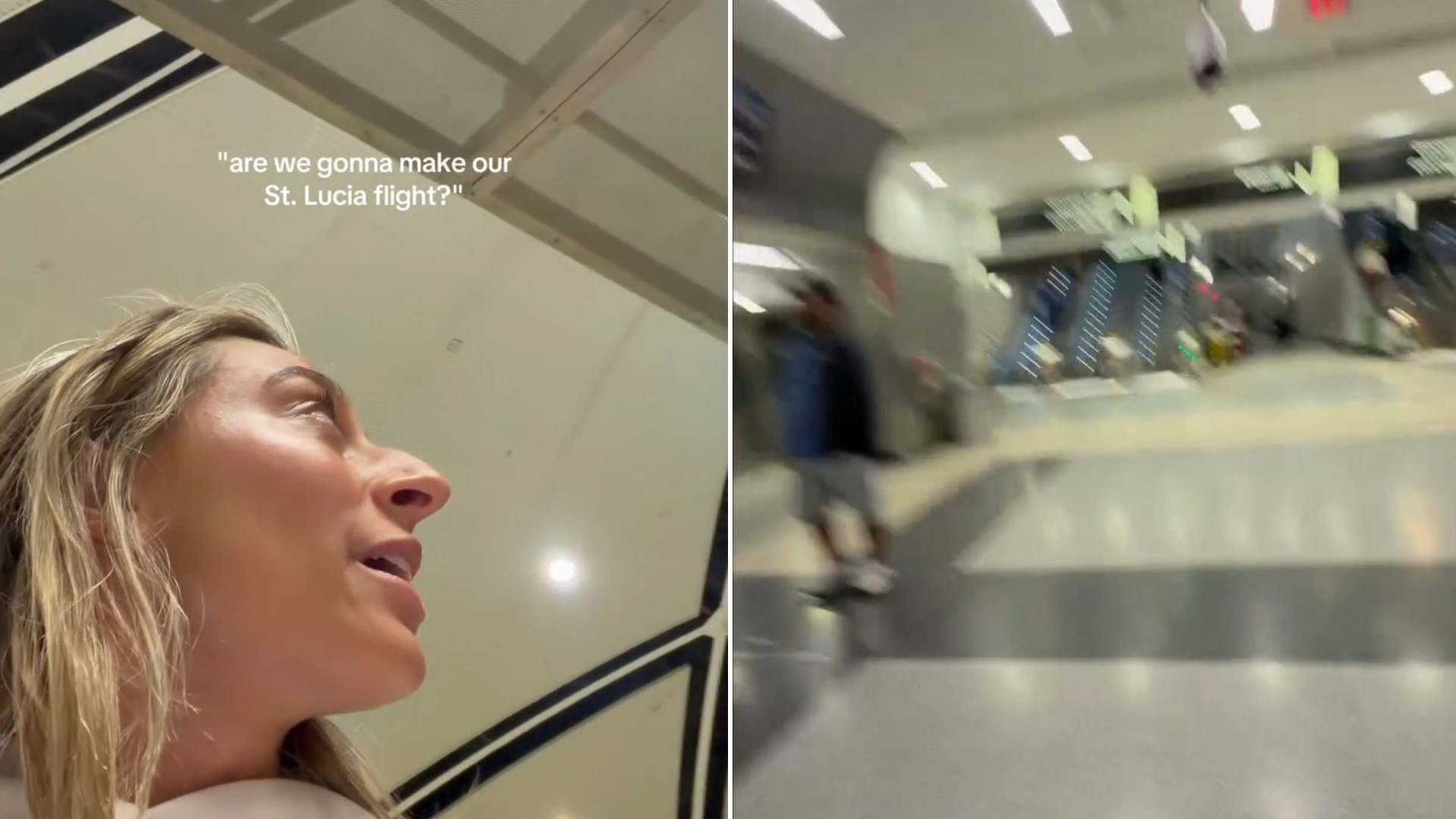Two moments from an Instagram reel: a woman at an airport.