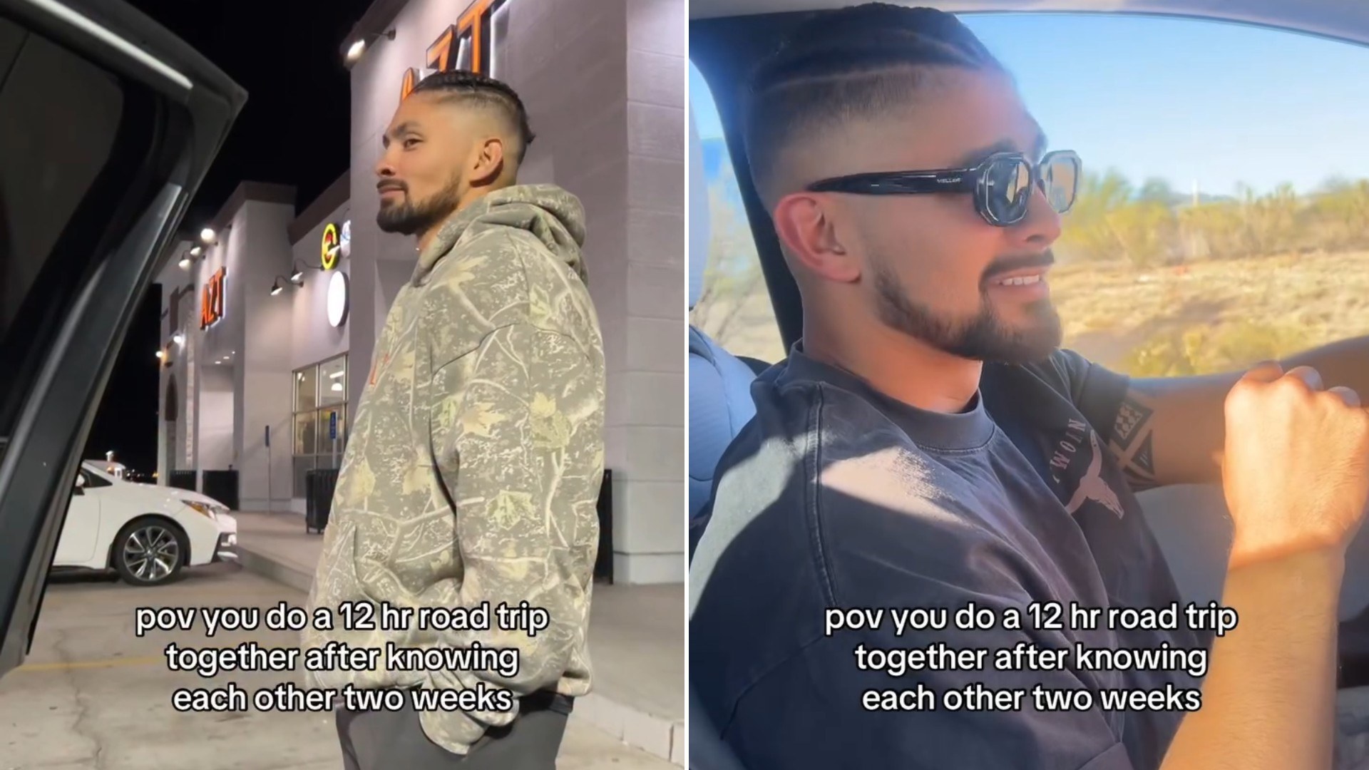 Two moments from an Instagram reel: a couple in a car.