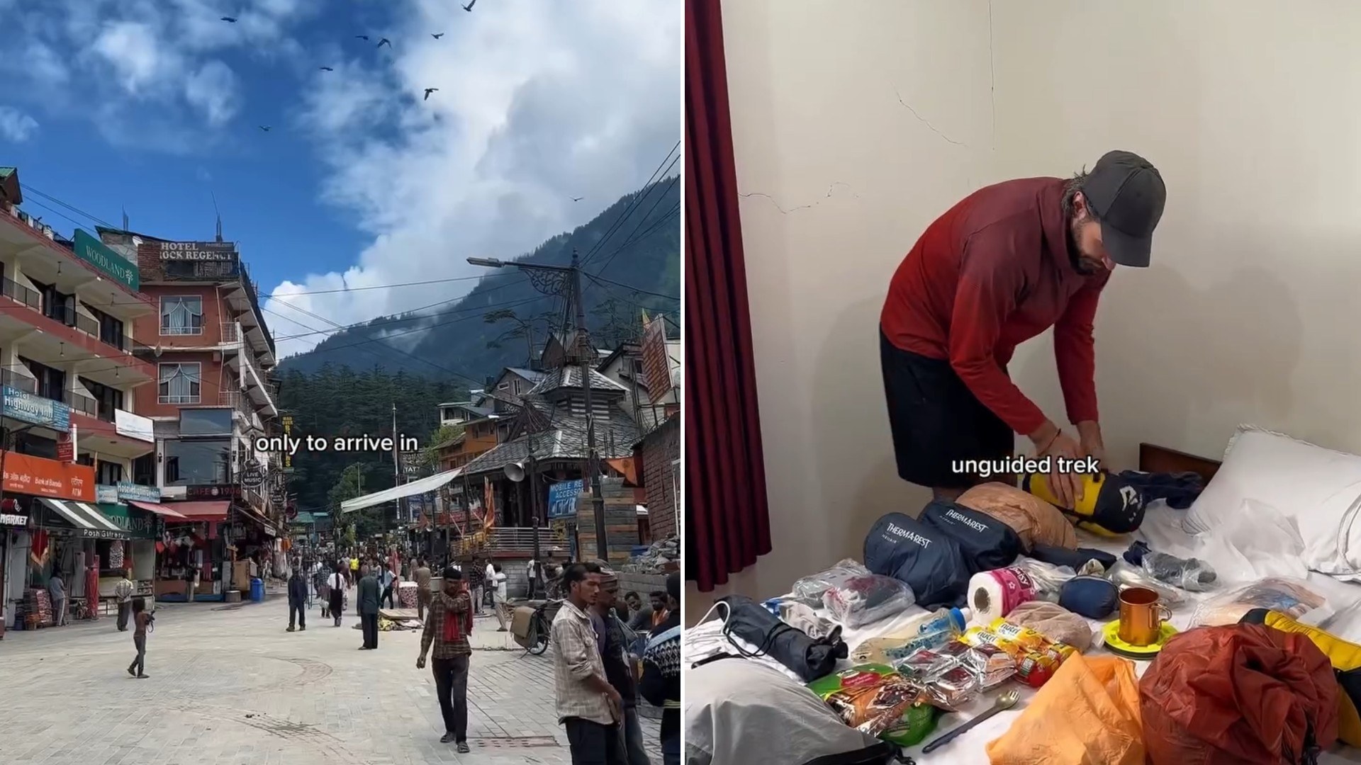 Two moments from an Instagram reel: a mountain town street and a man unpacking food on the floor.