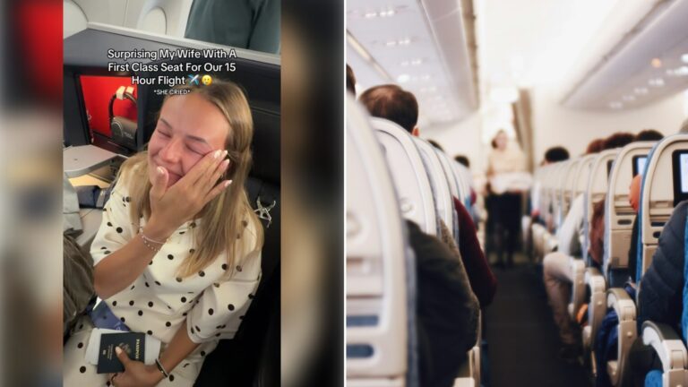 Left: TikTok still of a woman crying happy tears in a plane seat, with on-screen text. Right: an airplane aisle with passengers (Unsplash photo by Suhyeon Choi).