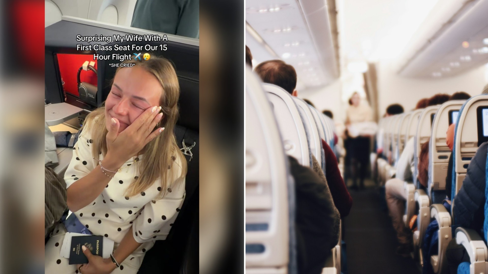 Left: TikTok still of a woman crying happy tears in a plane seat, with on-screen text. Right: an airplane aisle with passengers (Unsplash photo by Suhyeon Choi).