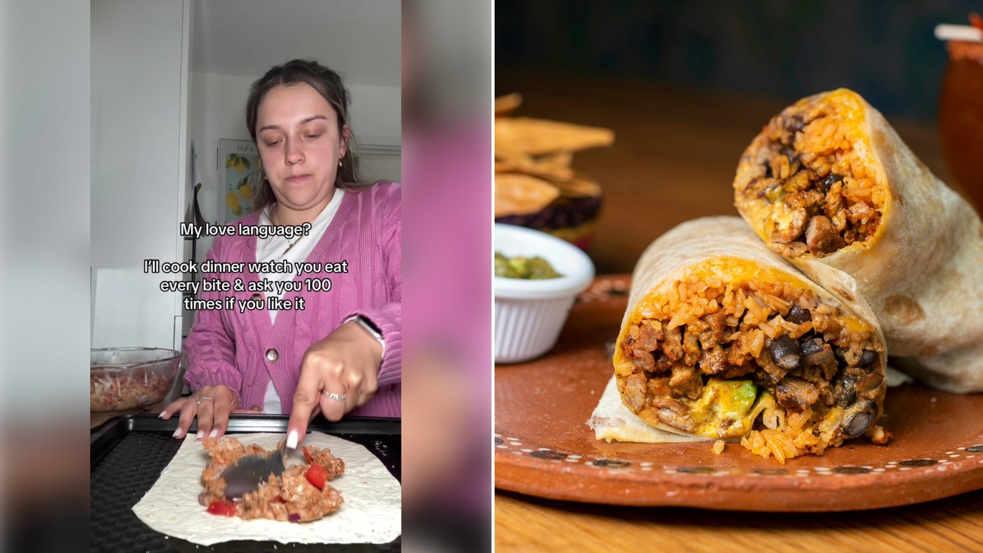 Left: TikTok still of a woman preparing a burrito with on-screen text. Right: a burrito cut in half on a plate (Unsplash photo by Snappr).