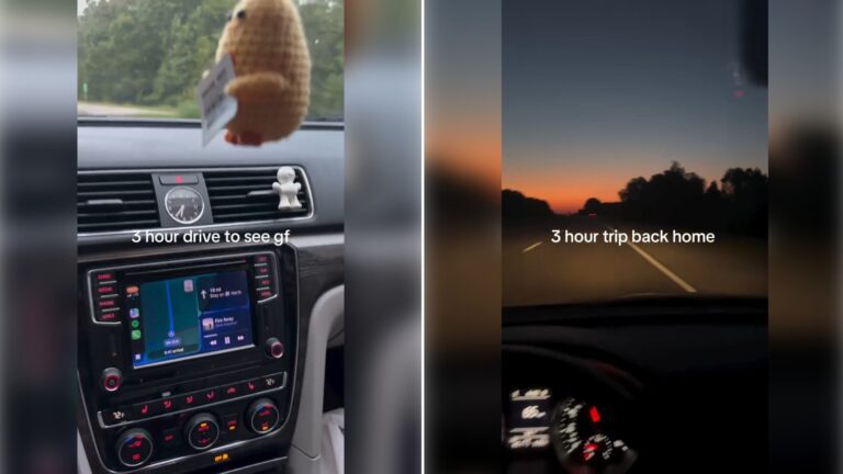 Two moments from an Instagram reel: a car dashboard and a road at sunset with on-screen text.
