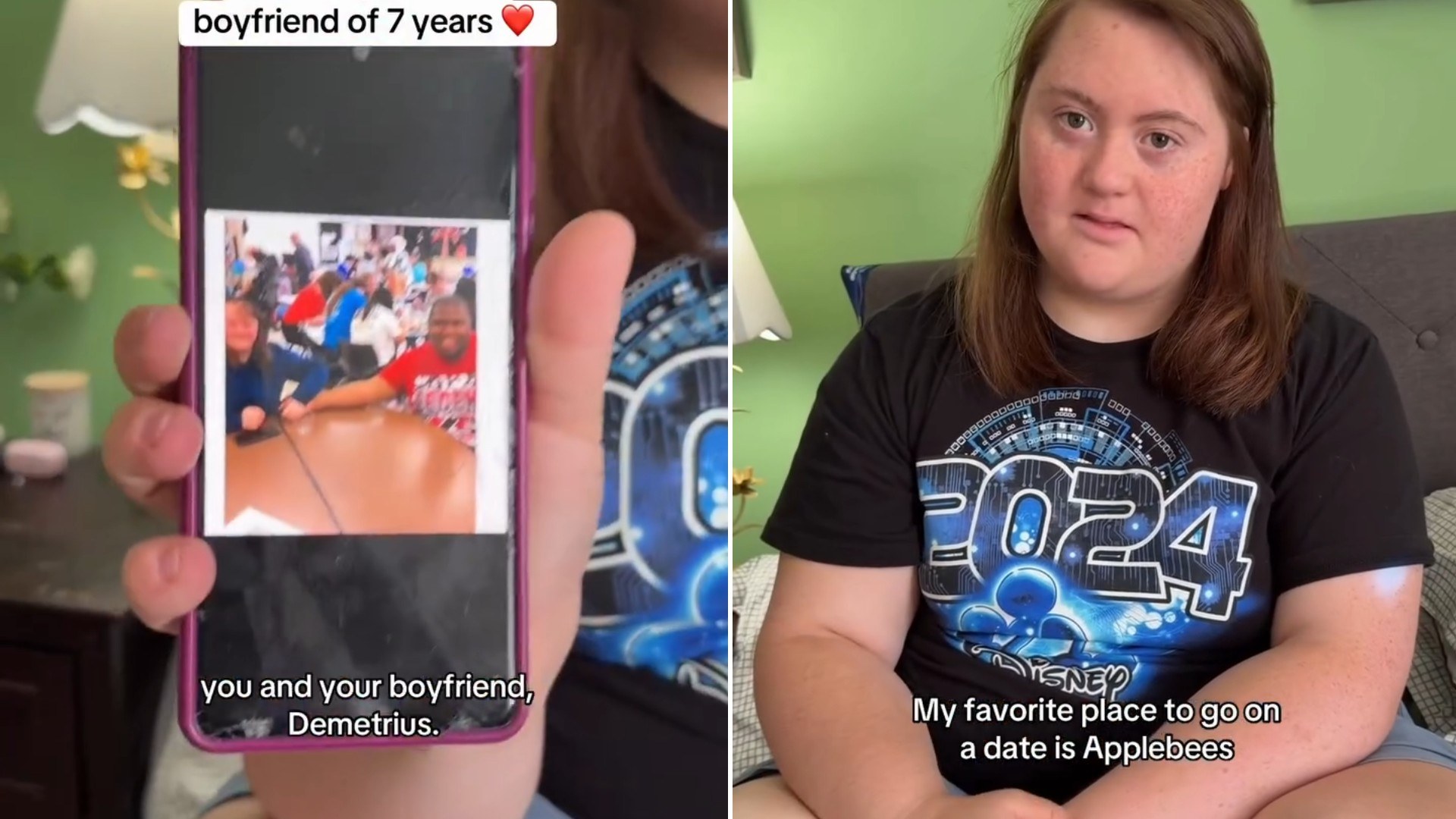 Two moments from an Instagram reel: a phone screen and a woman in a blue top talking to camera.