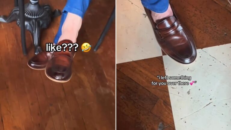 Two moments from an Instagram reel: brown loafers on a wooden floor and on a tiled floor.