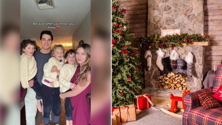Left: TikTok still of a family of five posing at home with on-screen text. Right: presents under a Christmas tree near a fireplace (Unsplash photo by Eugenia Pan'kiv).