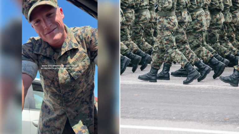 Left: TikTok still of a service member in camouflage leaning toward the camera. Right: soldiers in camouflage uniforms (Unsplash photo by Filip Andrejevic).