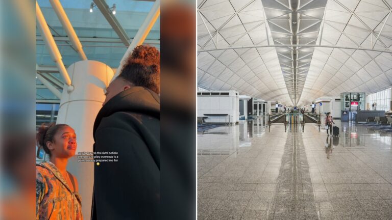 Left: TikTok still of a woman and a traveler in an airport terminal. Right: a person walking through a large airport building (Unsplash photo by Big Dodzy).