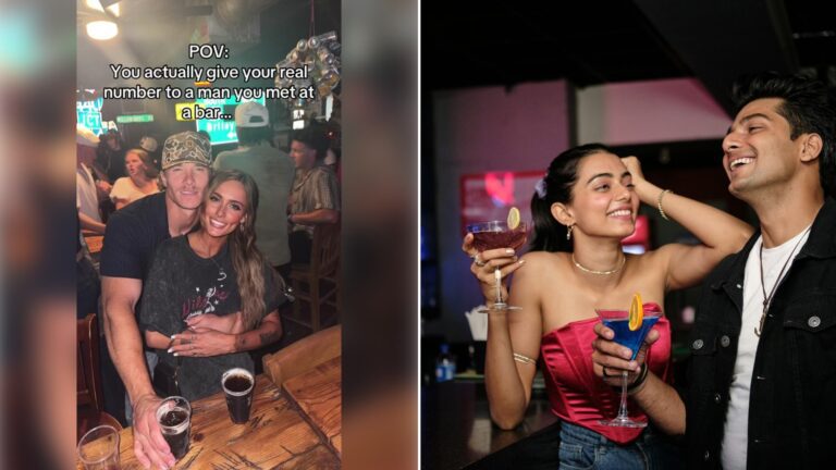 Left: TikTok still of a couple posing together in a bar with on-screen text. Right: a man and woman holding drinks (Unsplash photo by Himanshu Choudhary).