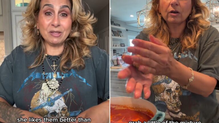 Two moments from an Instagram reel: a woman cooking at the stove in a blue top.