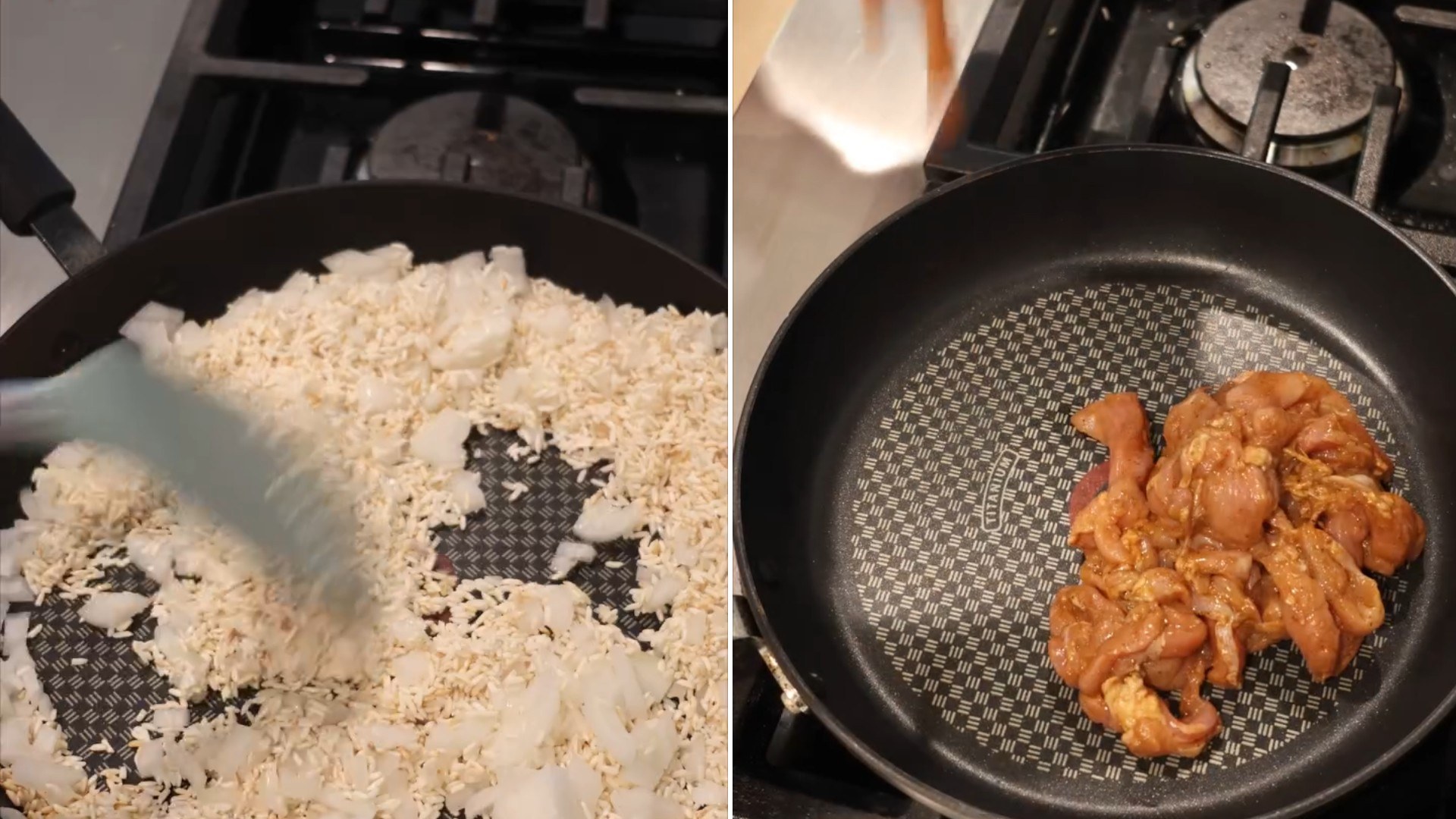 Two moments from an Instagram reel: rice cooking in a pan and chicken browning in a skillet.