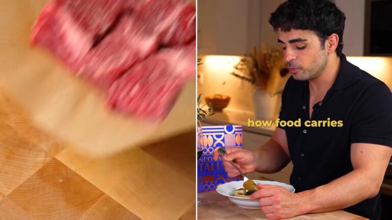 Two moments from an Instagram reel: a cut of raw meat on a board and a man plating food.