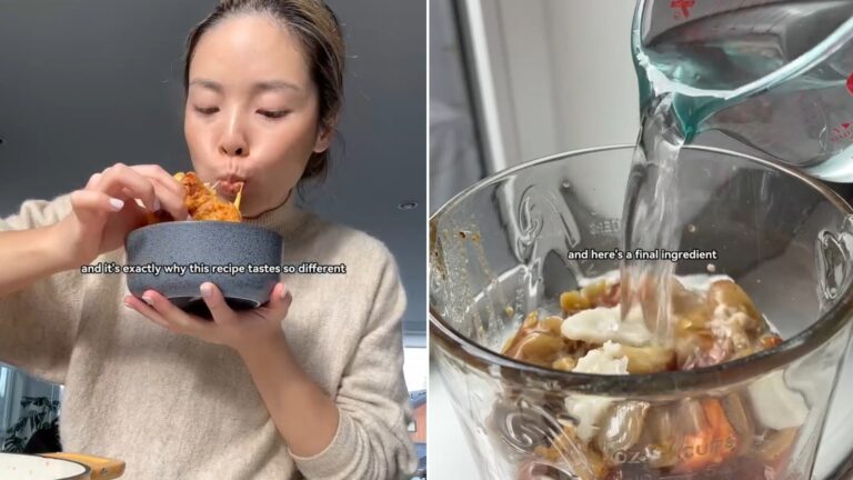 Two moments from an Instagram reel: a woman eating from a bowl and water in a glass bowl.