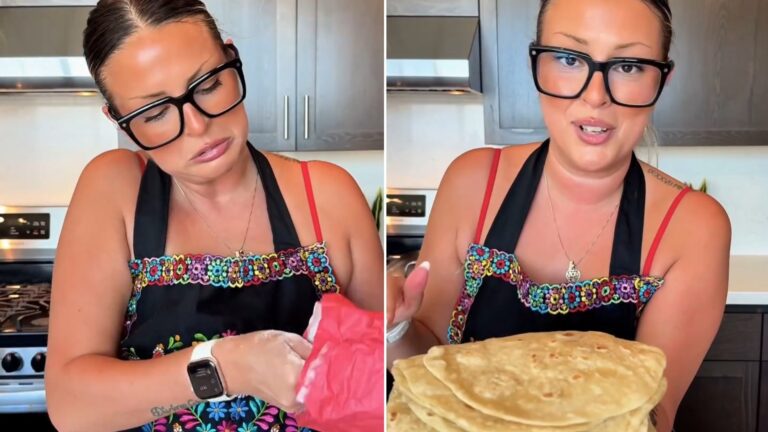 Two moments from an Instagram reel: a woman in an apron cooking in her kitchen.