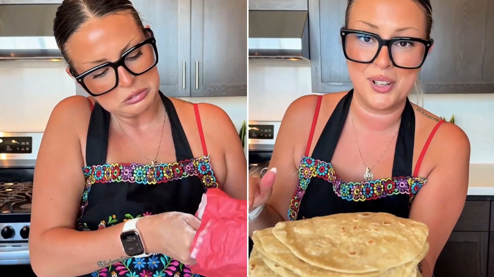 Two moments from an Instagram reel: a woman in an apron cooking in her kitchen.