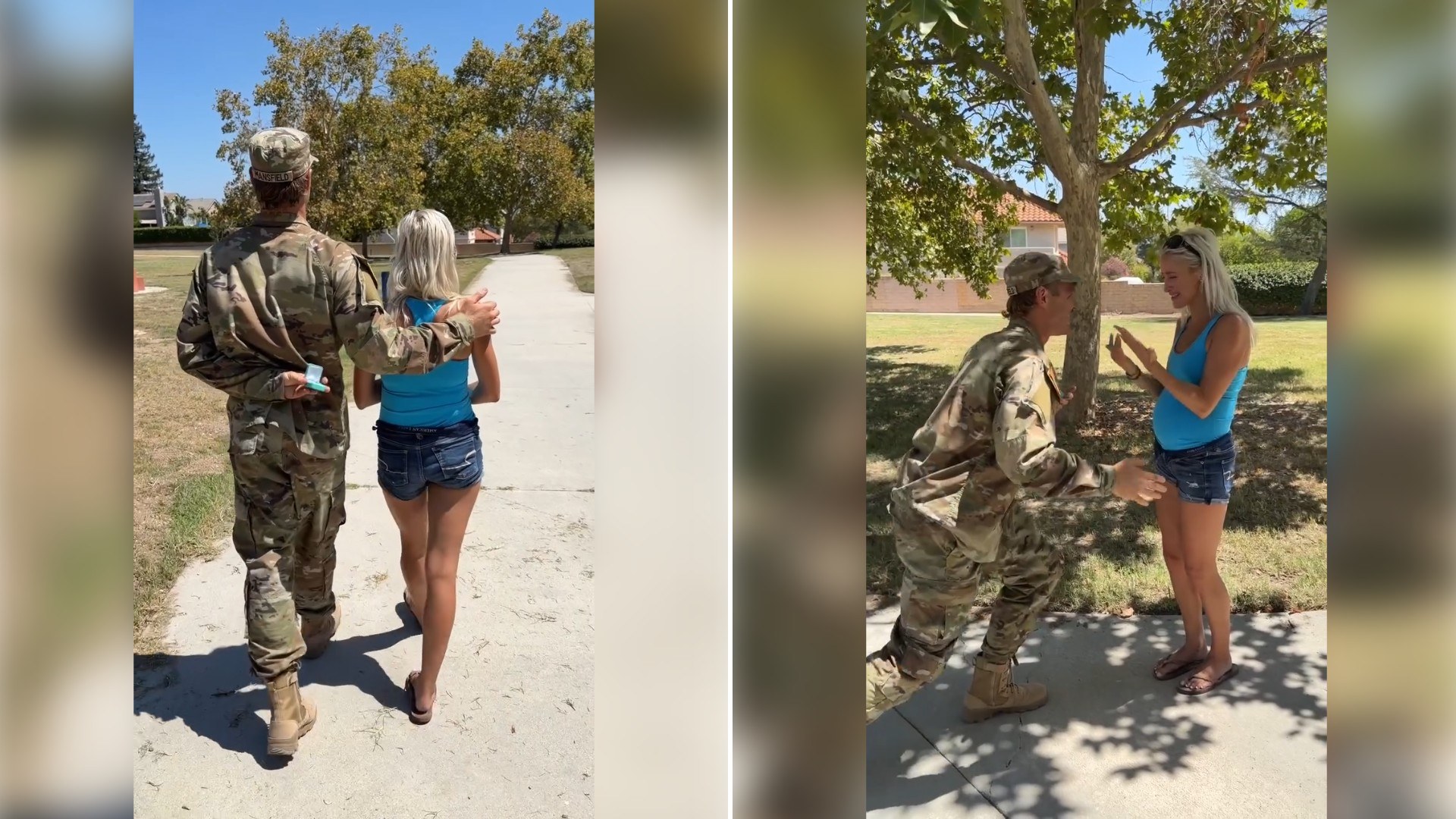 Two moments from an Instagram reel: a soldier in uniform walking with a woman on a park path, then kneeling in front of her.
