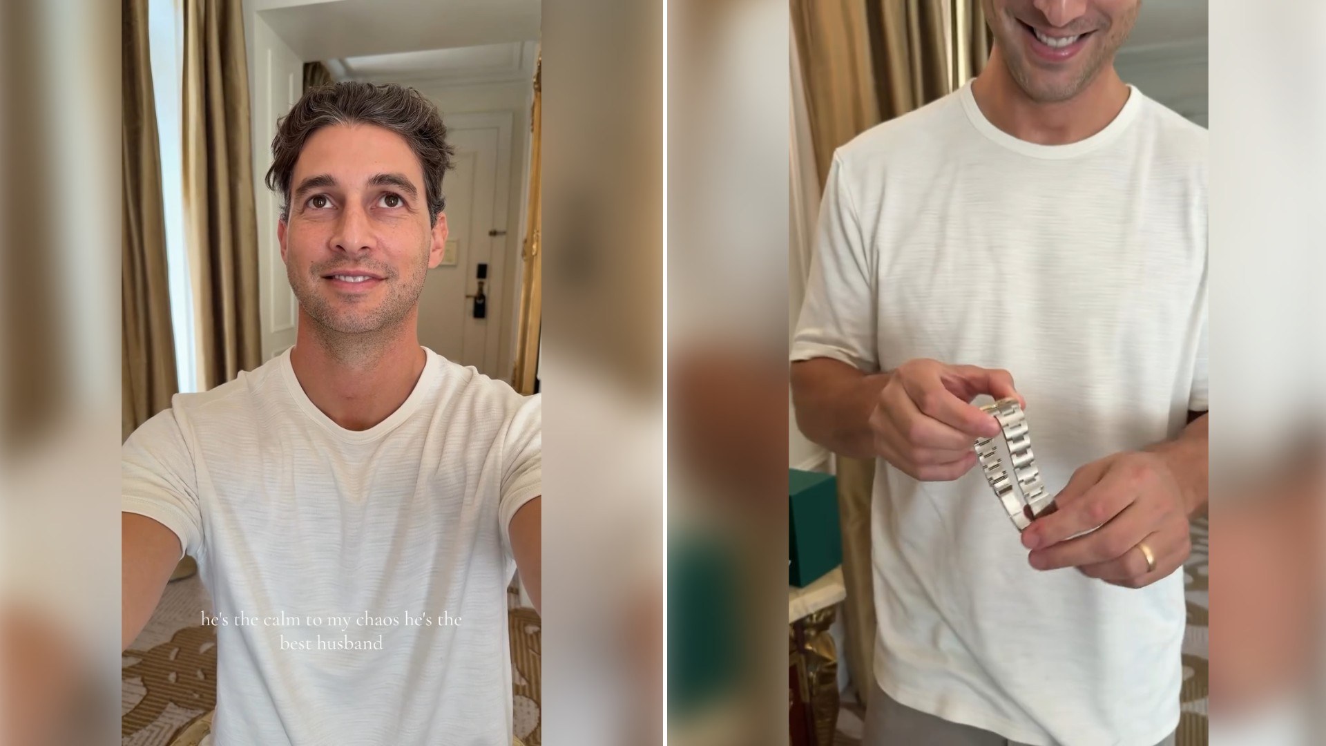 Two moments from an Instagram reel: a man in a white t-shirt talking to the camera, then holding up a bracelet.