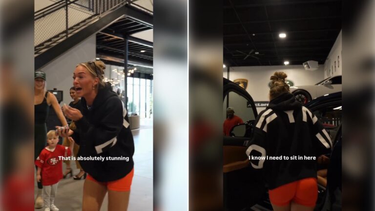 Two moments from an Instagram reel: people chatting in a showroom with sports cars, then a woman in a black jacket standing by an open car door.