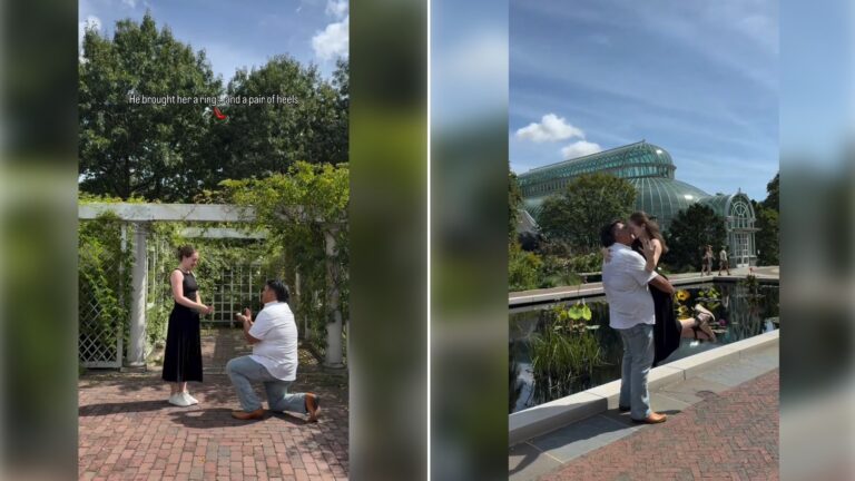 Two moments from an Instagram reel: a couple standing in a garden, then a man and woman embracing.