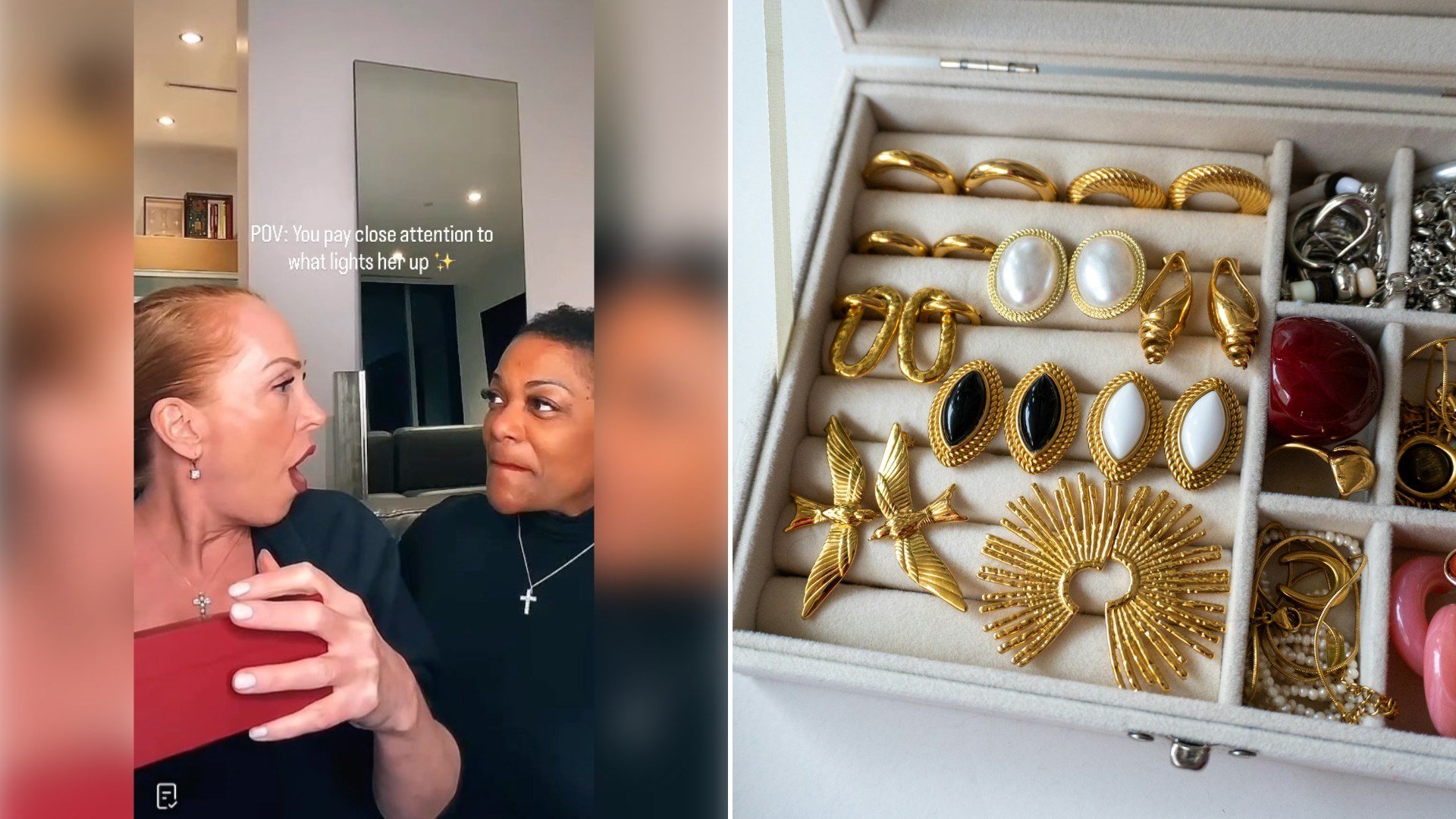 Left: Instagram reel still of two women, one holding a red jewelry box, reacting with surprise. Right: a jewelry box filled with gold and pearl jewelry (Unsplash photo by Aliona Zahrai).