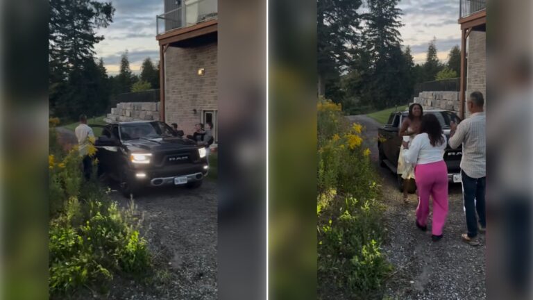Two moments from an Instagram reel: a family home driveway with a pickup truck, then a group gathered near the truck.