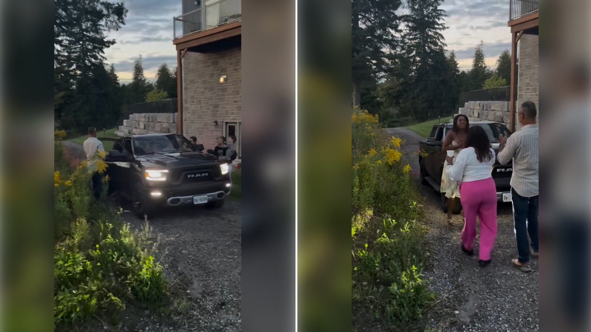 Two moments from an Instagram reel: a family home driveway with a pickup truck, then a group gathered near the truck.