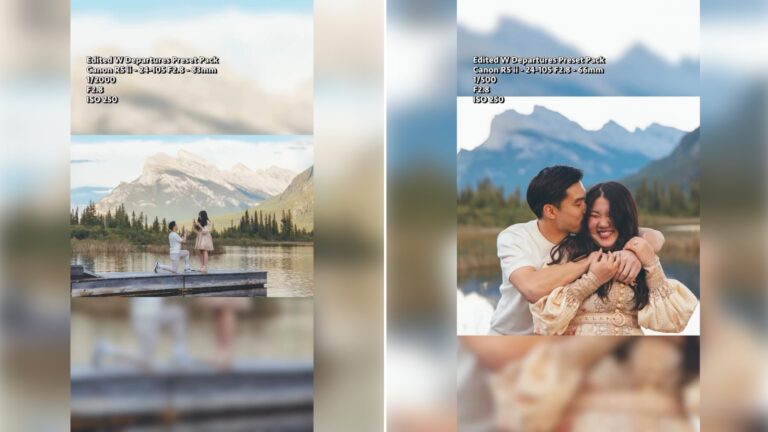 Two moments from an Instagram reel: a mountain lake scenic spot at the start of a proposal setup, then a couple embracing by the lake.