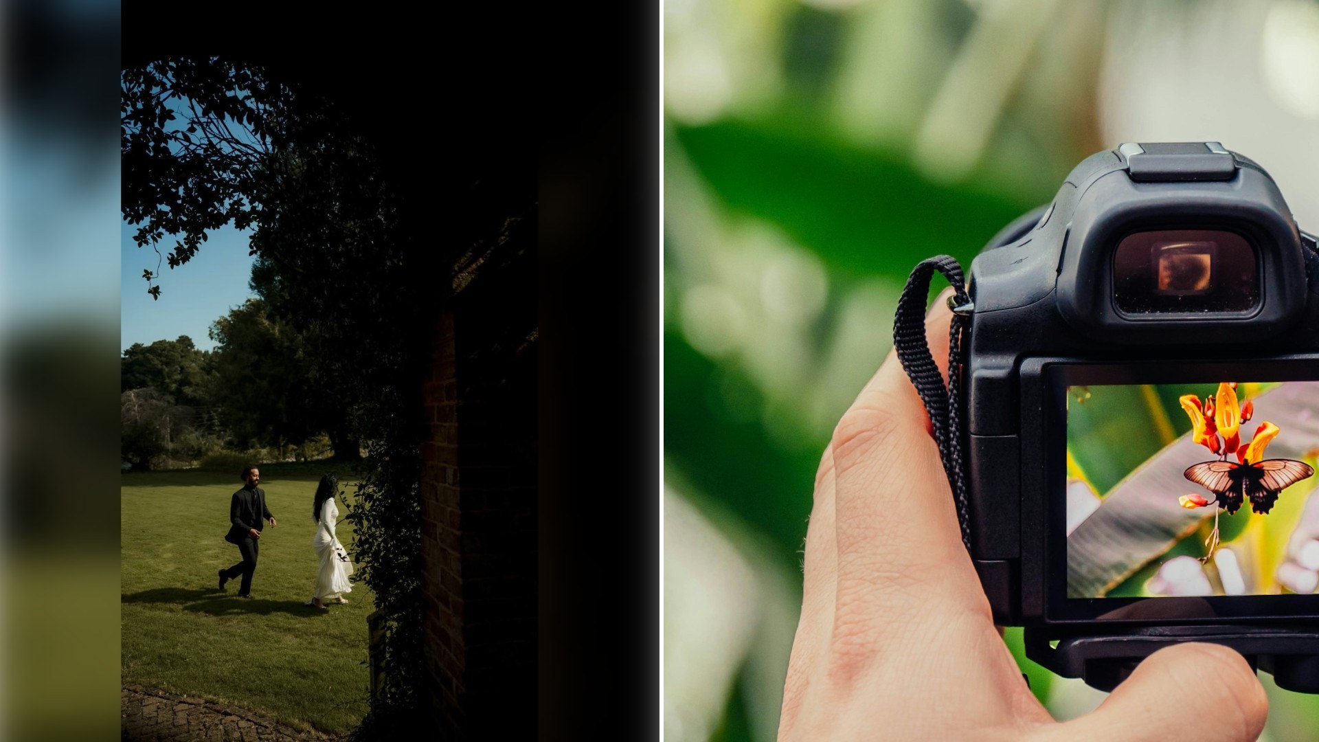 Left: Instagram reel still of a park at dusk with people in the distance. Right: a person photographing with a camera (Unsplash photo by Jamie Street).
