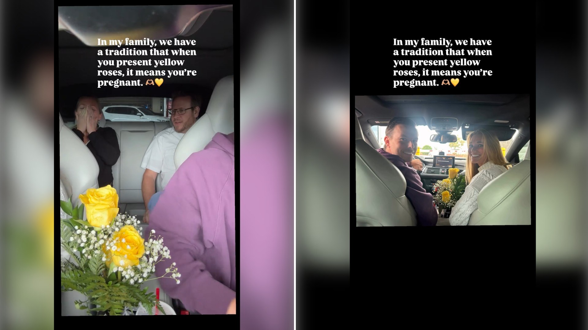 Two moments from an Instagram reel: a bouquet of yellow roses in a car with a caption about a family tradition, then the passengers seated in the car.