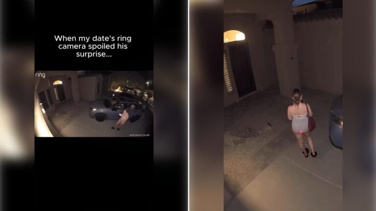 Two moments from an Instagram reel: a doorbell-camera view of a parked car with a caption about a surprise, then a woman standing in a driveway at night.