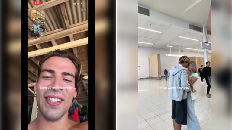 Two moments from an Instagram reel: a smiling man in a selfie, then two people hugging in an airport terminal.