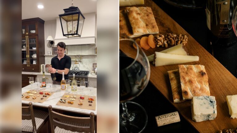 Left: Instagram reel still of a man at a kitchen island laid out with appetizers. Right: wine glasses and cheese on a wooden table (Unsplash photo by Alessio Roversi).