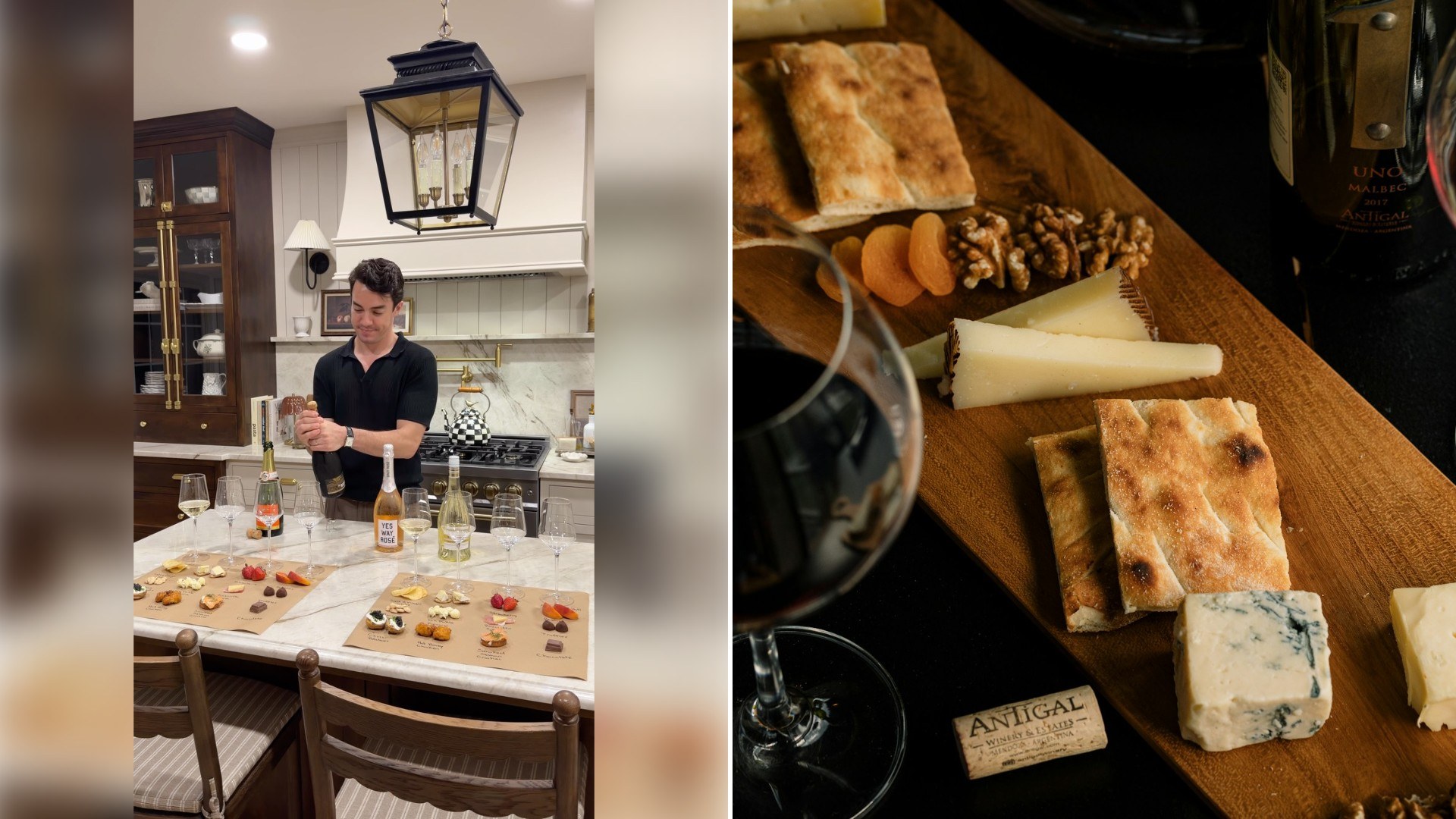 Left: Instagram reel still of a man at a kitchen island laid out with appetizers. Right: wine glasses and cheese on a wooden table (Unsplash photo by Alessio Roversi).