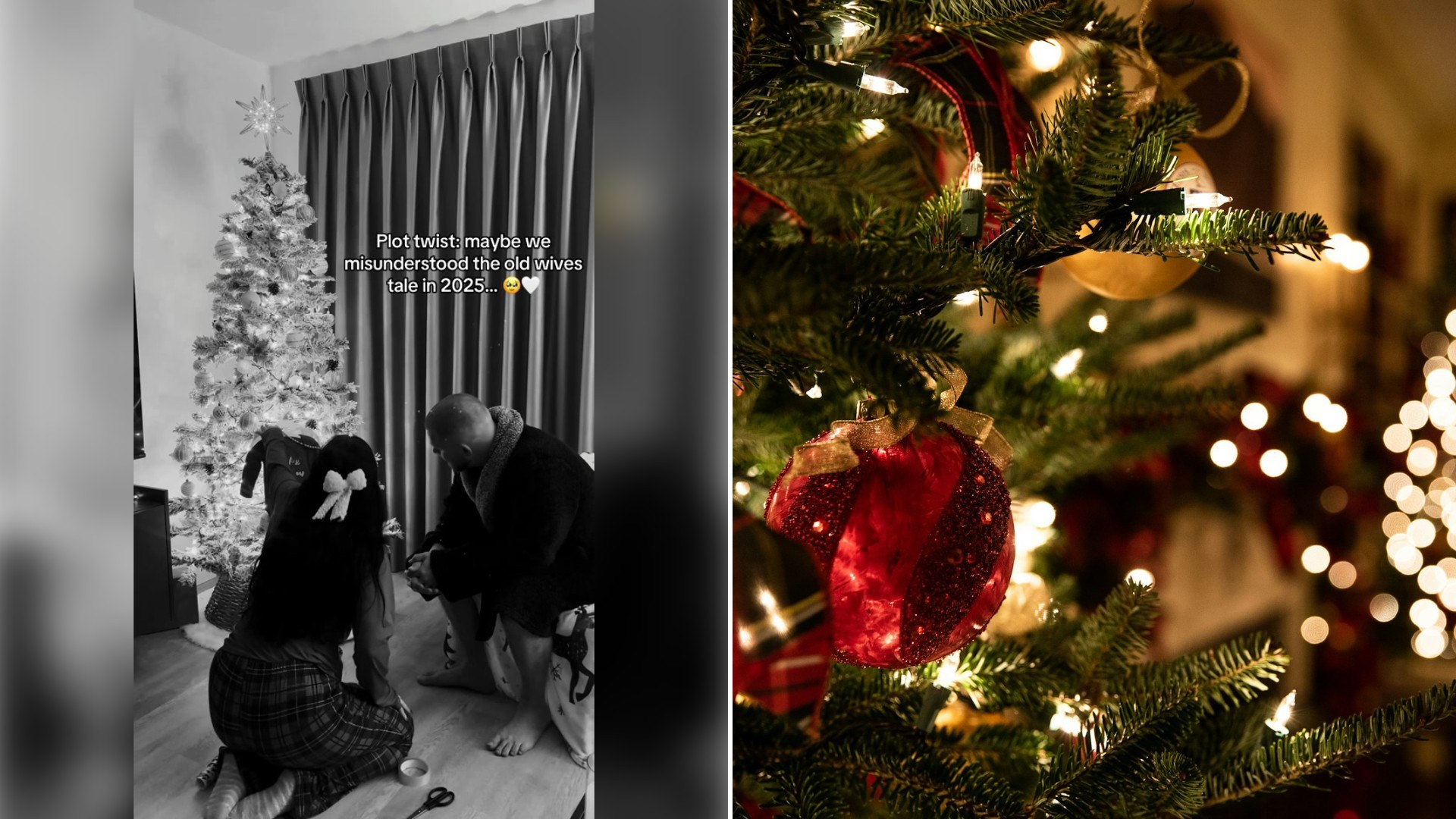Left: TikTok still of a couple sitting by a decorated Christmas tree in black and white. Right: Christmas tree lights and ornaments (Unsplash photo by Tessa Rampersad).
