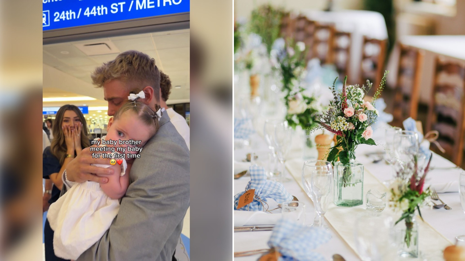 Left: Instagram reel still of a man in a suit holding a baby in a transit station. Right: a wedding dinner table with flowers and glasses (Unsplash photo by Photos by Lanty).