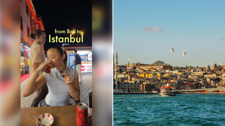 Left: Instagram reel still of a woman eating at a cafe table under a "from Bali to Istanbul" caption. Right: a ferry crossing the Bosphorus past the Istanbul skyline (Unsplash photo by Engin Yapici).