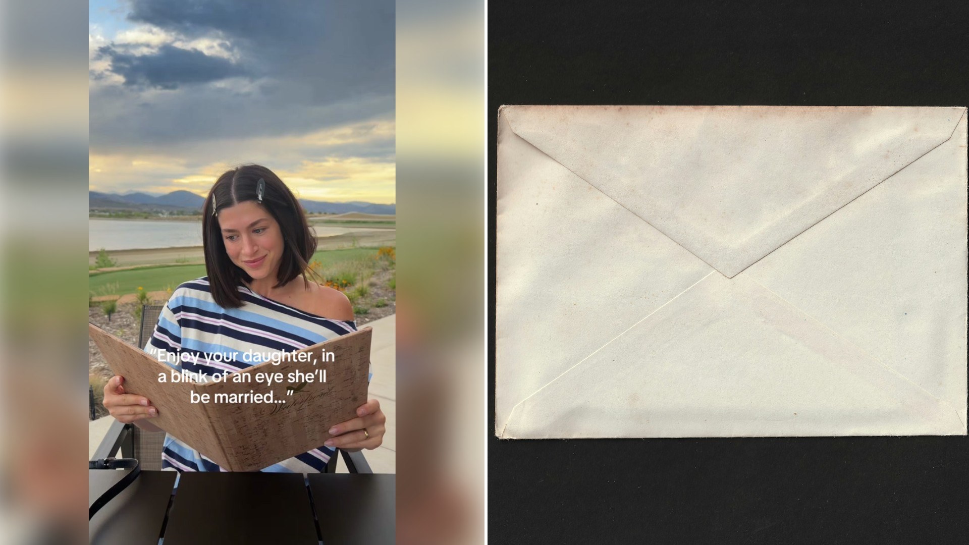 Left: TikTok still of a woman in a striped top reading a card. Right: a white envelope (Unsplash photo by Valeria Reverdo).