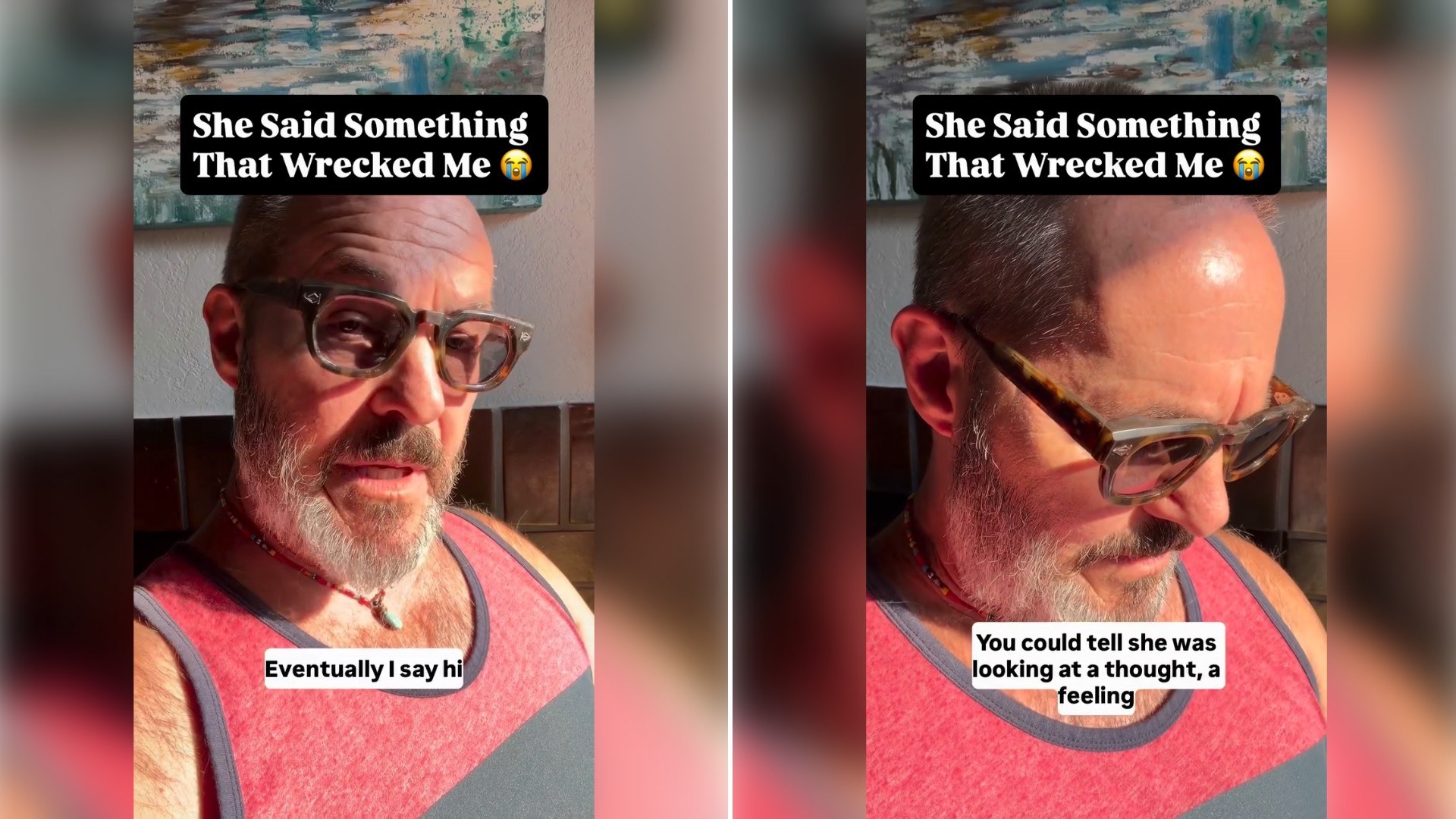 Two moments from an Instagram reel: a bearded man in sunglasses under a "She Said Something That Wrecked Me" headline, then the same man looking down as he tells the story.