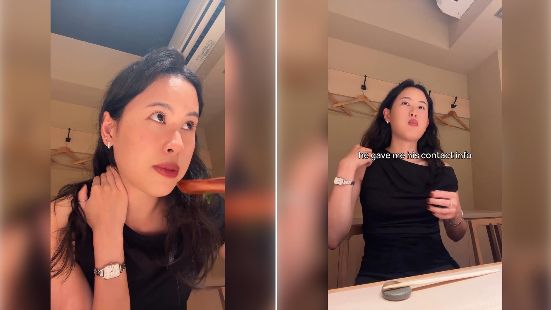 Two moments from an Instagram reel: a woman in a black dress talking to the camera, then her standing at a restaurant counter.