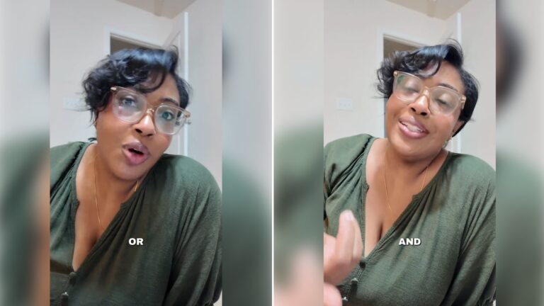 Two moments from an Instagram reel: a woman in glasses and an olive top speaking to the camera, then her mid-story with hands raised.