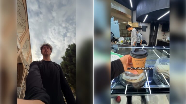 Two moments from an Instagram reel: a man taking a selfie on a city street, then a hand holding a coffee cup in a market.