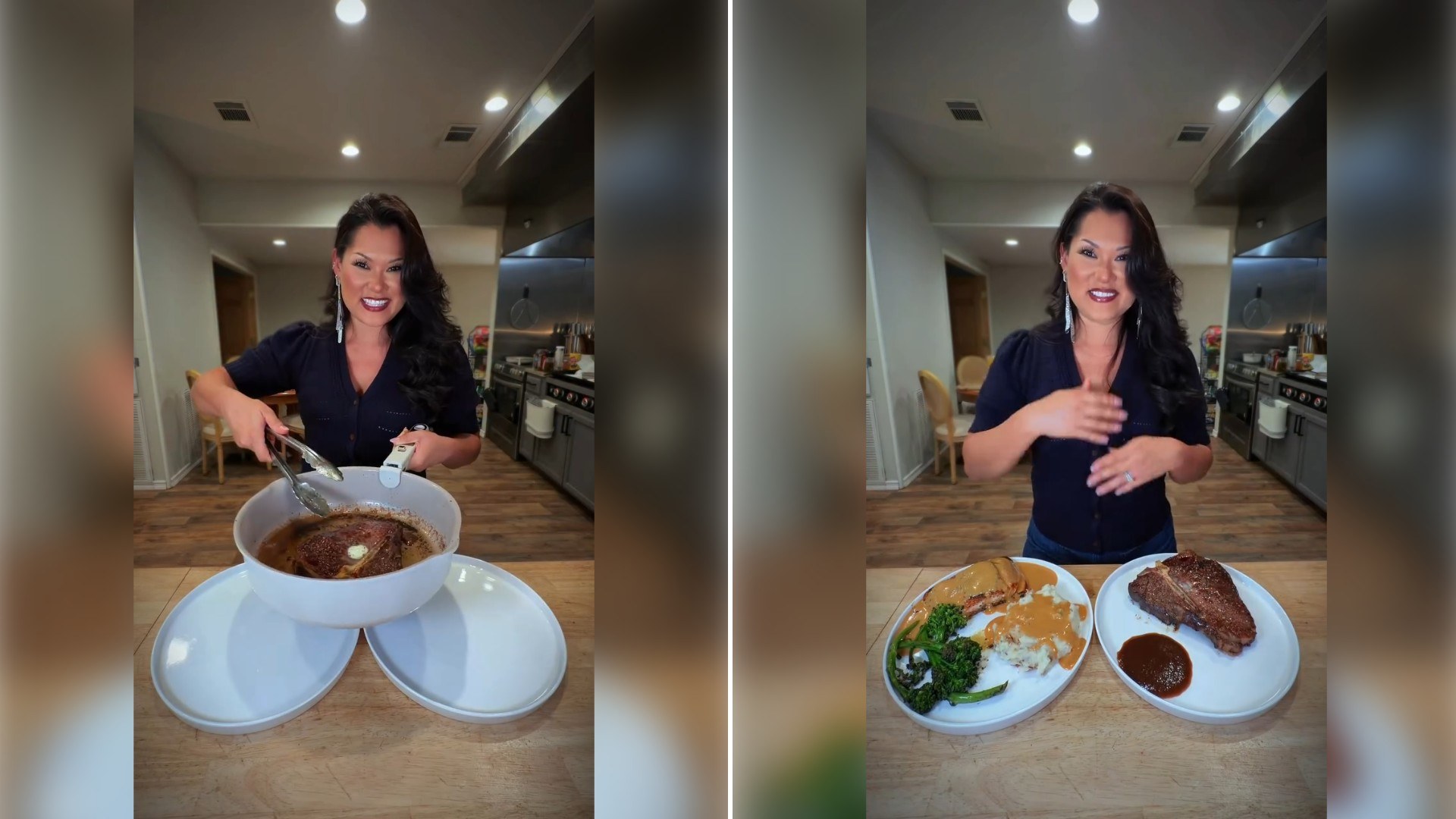 Two moments from an Instagram reel: a woman cooking at a kitchen table with empty plates, then the table filled with several finished dishes.