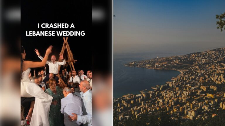 Left: Instagram reel still of a crowd celebrating at a wedding under an "I crashed a Lebanese wedding" caption. Right: a coastal view of Beirut (Unsplash photo by Michael Starkie).
