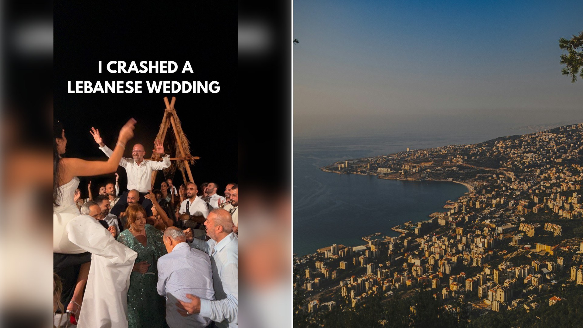 Left: Instagram reel still of a crowd celebrating at a wedding under an "I crashed a Lebanese wedding" caption. Right: a coastal view of Beirut (Unsplash photo by Michael Starkie).