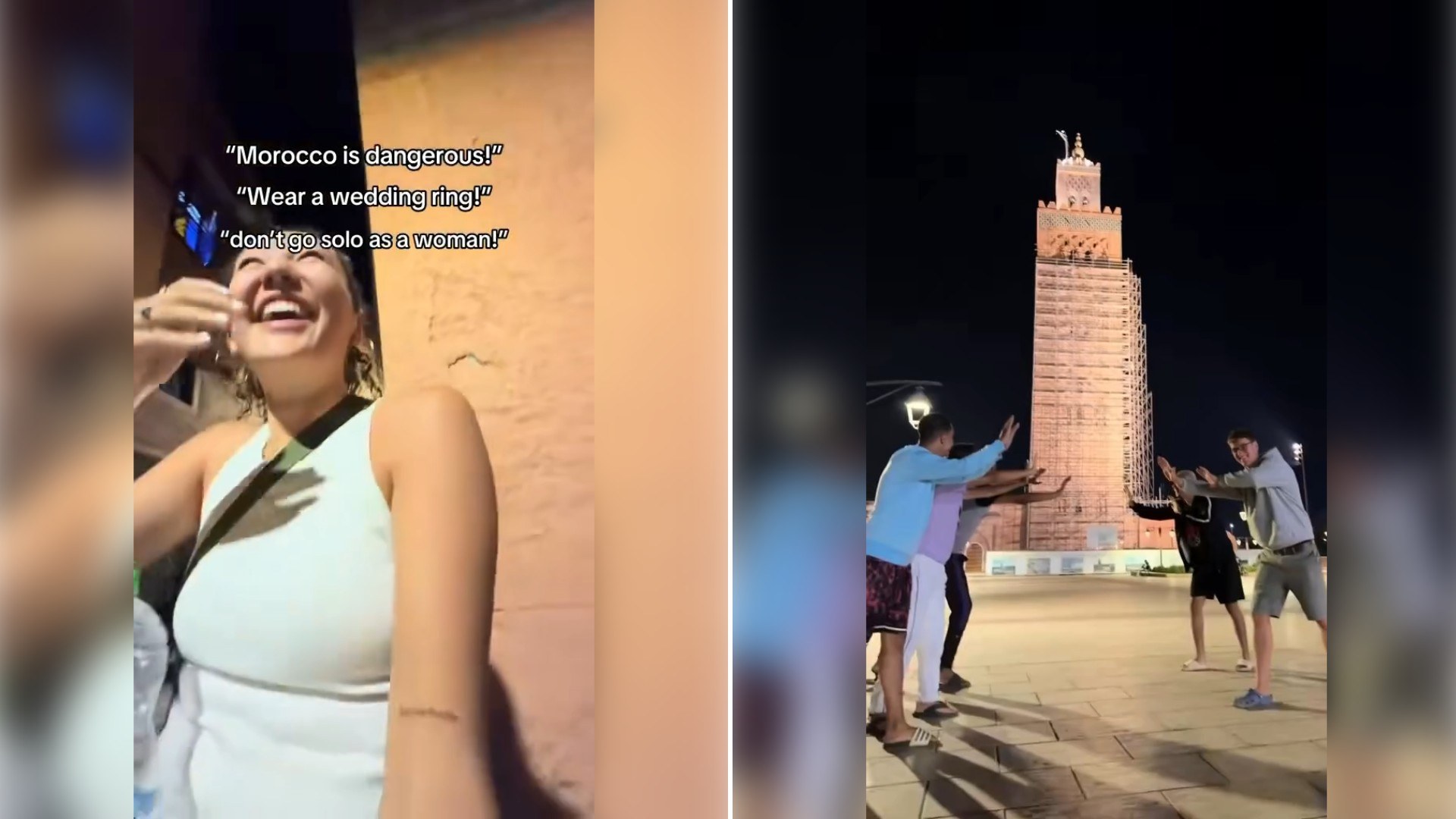 Two moments from an Instagram reel: a laughing woman in a white top at night, then a tall minaret lit up across a plaza.