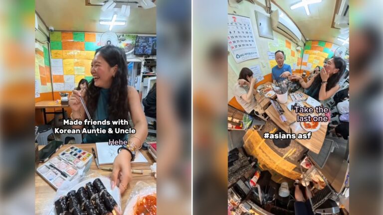 Two moments from an Instagram reel: diners sharing food at a busy restaurant, then a table crowded with dishes and a woman reacting.
