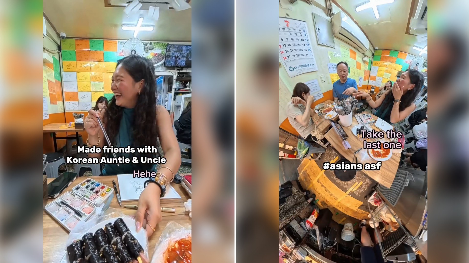 Two moments from an Instagram reel: diners sharing food at a busy restaurant, then a table crowded with dishes and a woman reacting.