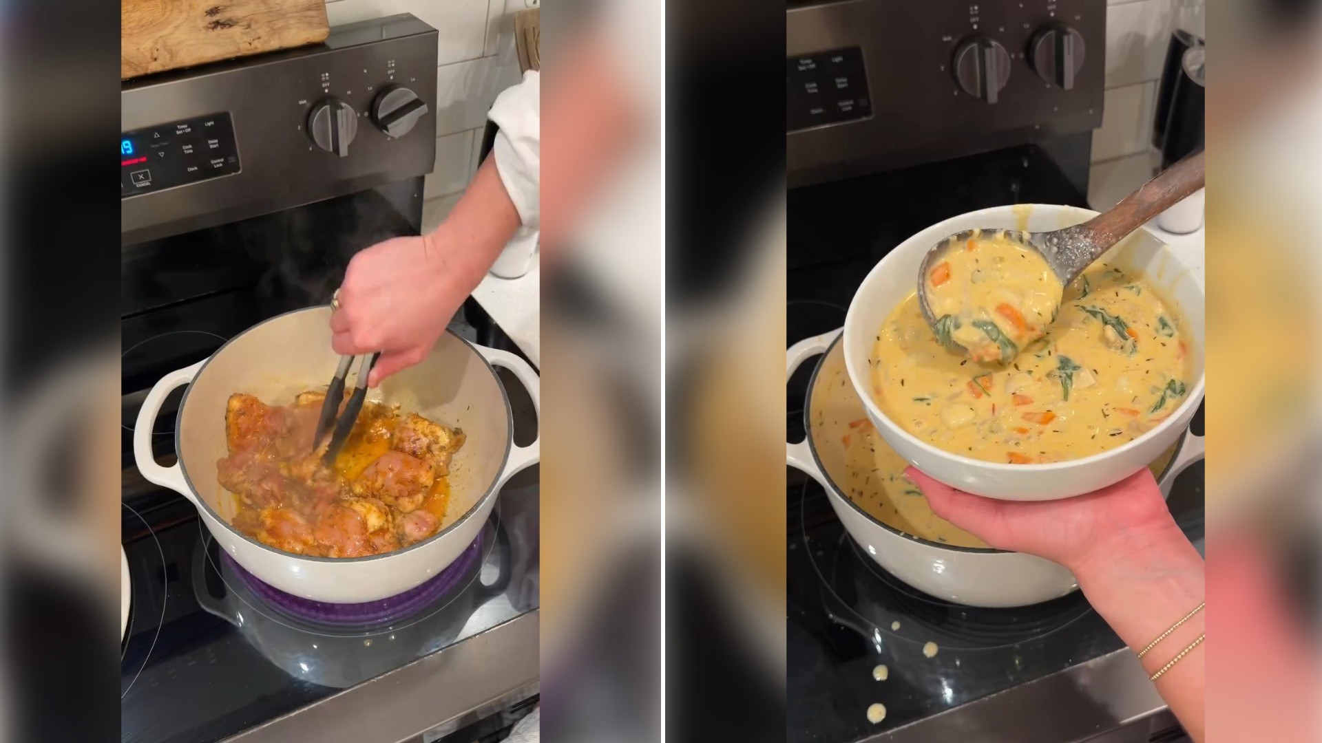 Two moments from an Instagram reel: a stew simmering in a white pot, then a finished creamy soup in a bowl.